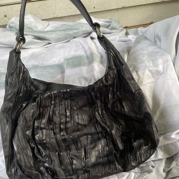 DONALD J PLINER Pleated Textured Black LEATHER HOBO Shoulder Bag - Picture 2 of 10